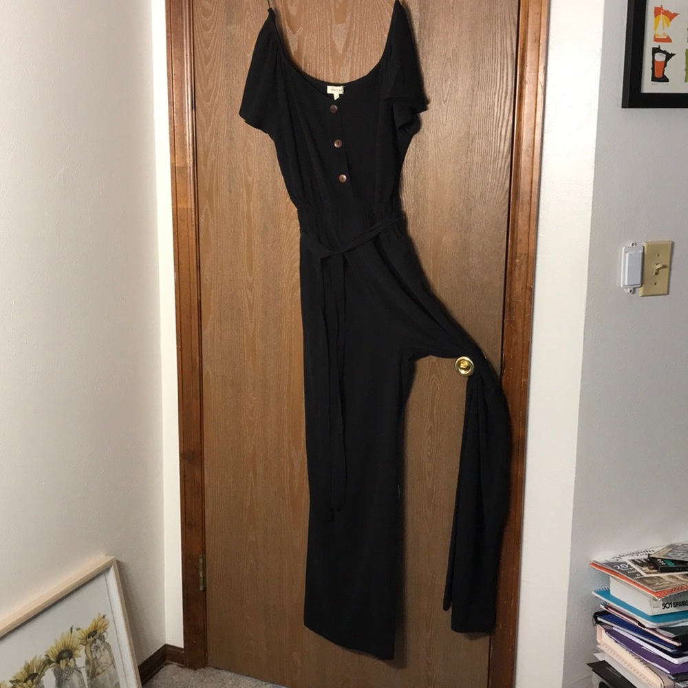 Black jumpsuit with buttons and tie belt